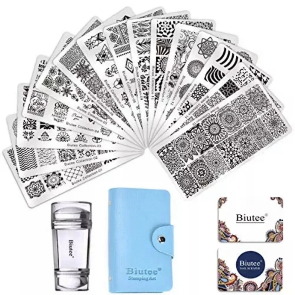 Biutee 19pcs Nail Stamp Plates set 15 plate 1Stamper 2Scraper 1storage bag Nails